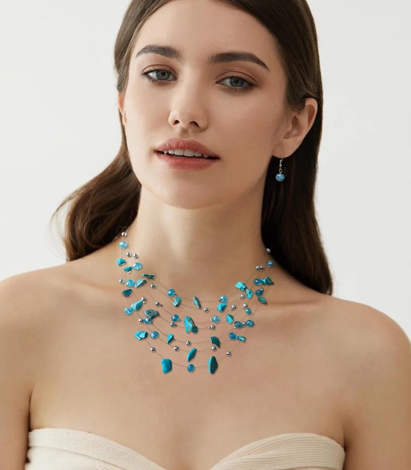 Errally Store Multi-Layer Boho Shell Beaded Necklace for Women Colorful Crystal Strand with Silver Beads Statement Collars Necklace and Earrings Costumes Jewelry Sets for Women - Image 3